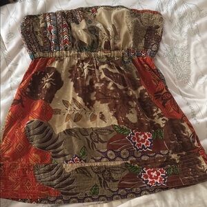 Bohemian Strapless Dress with Floral and Geometric Patterns